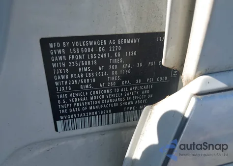 2017 Volkswagen Tiguan 2.0T Sport из США, поврежденный, VIN WVGUV7AX2HK018258